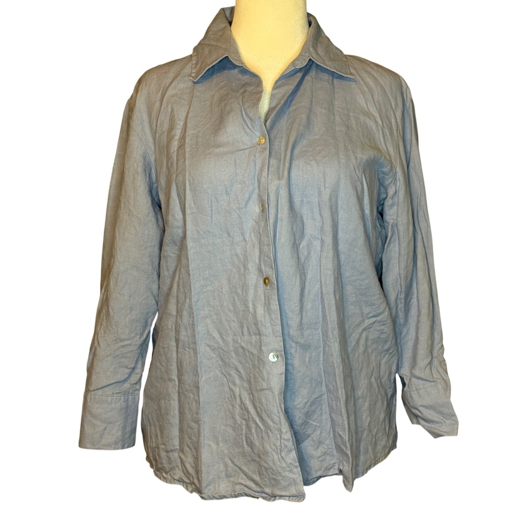 Edward Womens Irish Linen Coastal Grandmother Button Down Shirt Blue‎ XL Beach